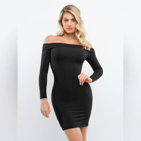 fitted lace wedding dress Plungey Long Sleeve Mini Shapewear Dress - Black main image 1